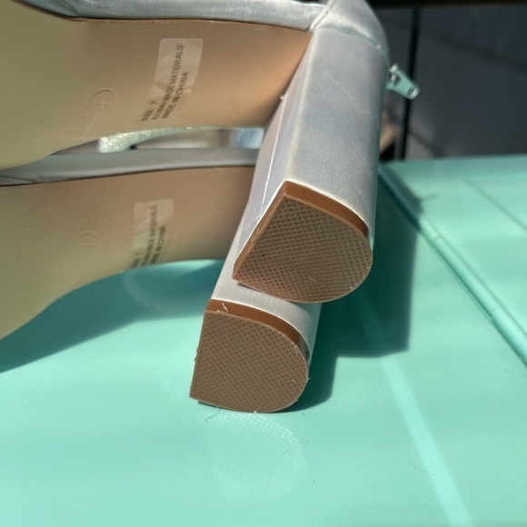 Lulu’s Delary White Satin Rhinestone Ankle Strap High Heel Sandals 7 - Picture 10 of 11